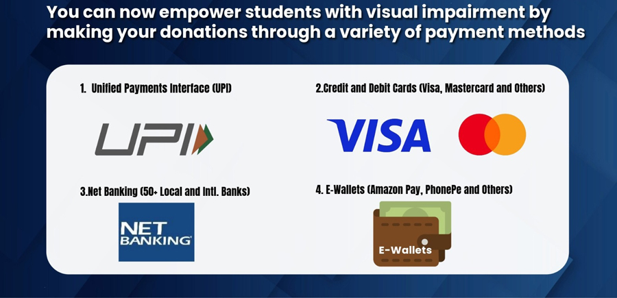 you can now empower students with visual impairment by making your donations through a variety of payment methods explaining payment methods”. It highlights four options with icons: UPI, credit and debit cards such as Visa and Mastercard, net banking with multiple banks, and e-wallets like Amazon Pay and PhonePe. 